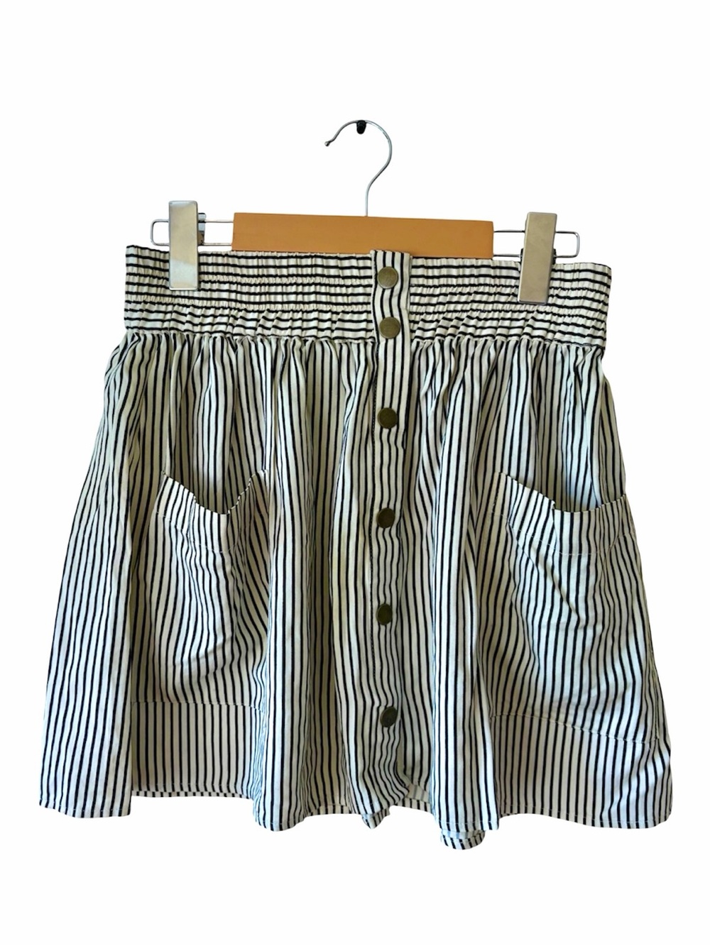 Forever 21 Striped Button Front Mini Skirt White Black Paperbag Waist Pockets